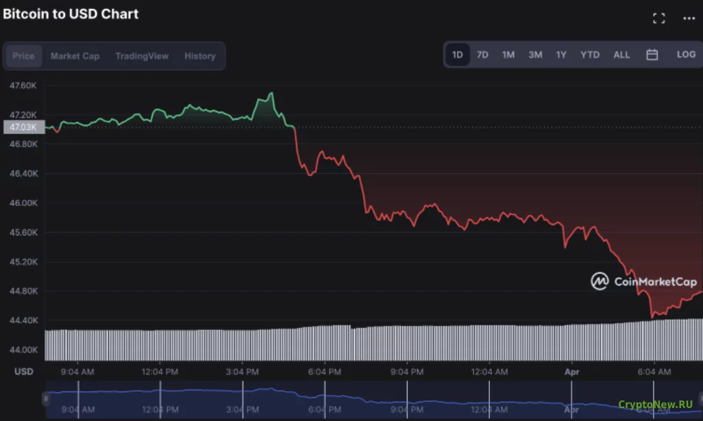 Рынок снова падает: биткоин упал ниже уровня в 45 000 долларов!